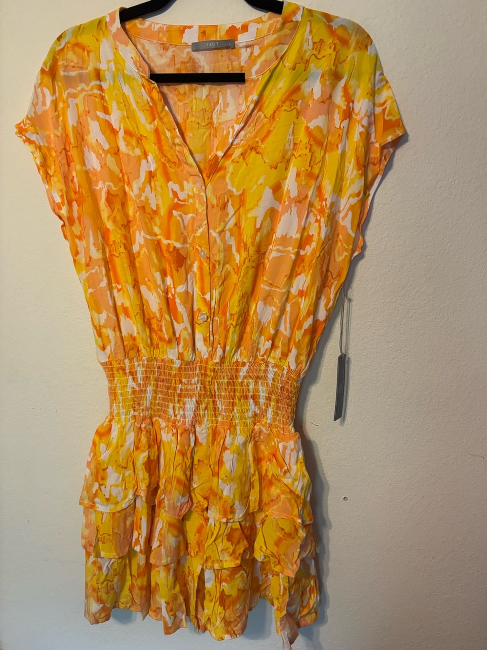 NWT Tart Collections Kalli Dress Small Yellow Orange Smocked Waist Ruffle Mini